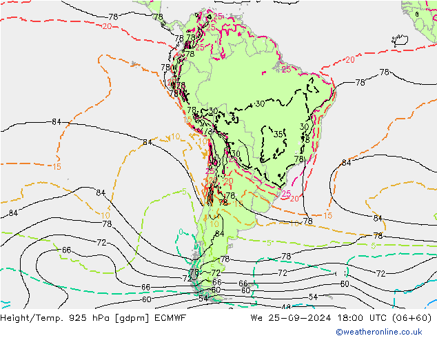 Height/Temp. 925 hPa ECMWF We 25.09.2024 18 UTC