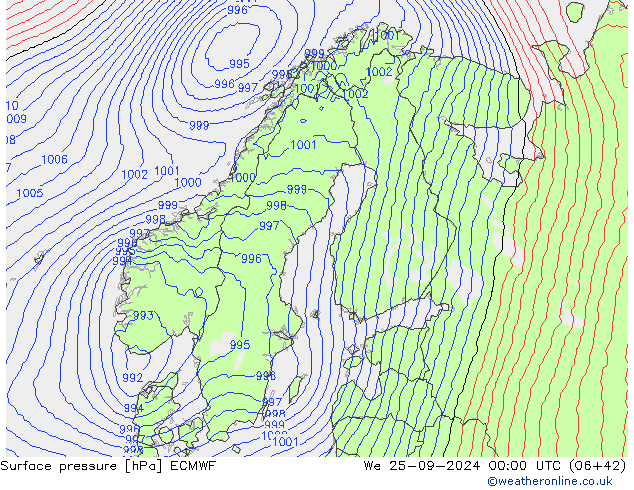 Surface pressure ECMWF We 25.09.2024 00 UTC