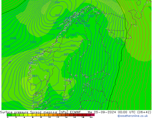 Surface pressure Spread ECMWF We 25.09.2024 00 UTC