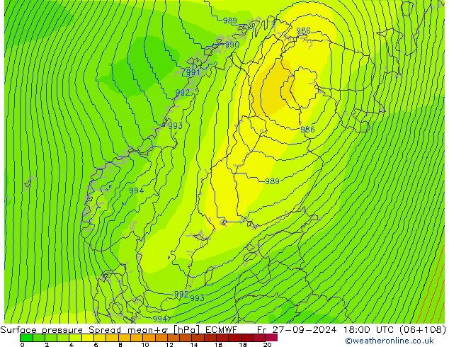 Presión superficial Spread ECMWF vie 27.09.2024 18 UTC