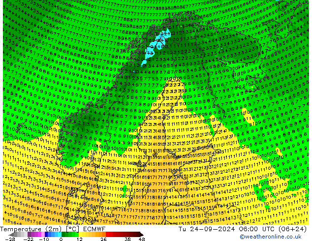 Temperature (2m) ECMWF Tu 24.09.2024 06 UTC