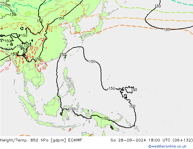 Geop./Temp. 850 hPa ECMWF sáb 28.09.2024 18 UTC