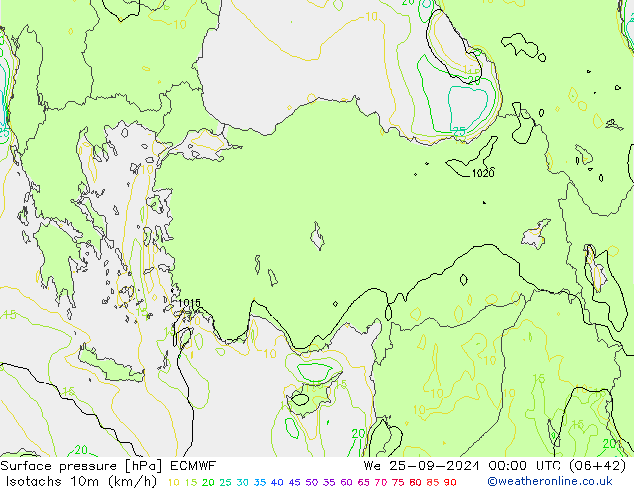 Isotachs (kph) ECMWF ср 25.09.2024 00 UTC