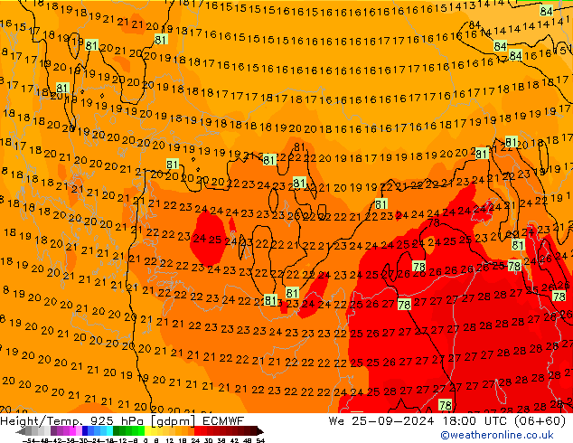 Height/Temp. 925 hPa ECMWF We 25.09.2024 18 UTC