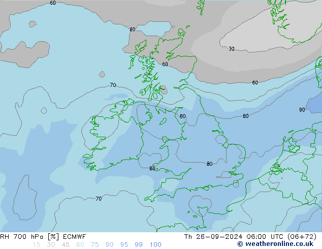 RH 700 hPa ECMWF Th 26.09.2024 06 UTC