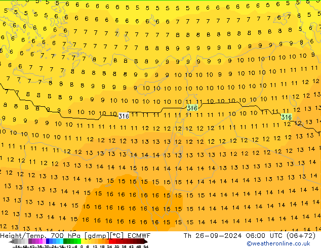 Height/Temp. 700 гПа ECMWF чт 26.09.2024 06 UTC