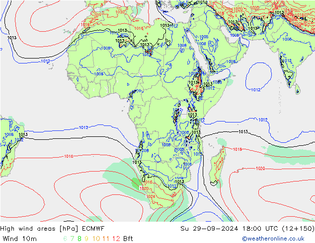 yüksek rüzgarlı alanlar ECMWF Paz 29.09.2024 18 UTC