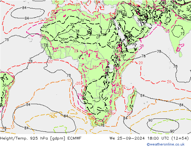 Hoogte/Temp. 925 hPa ECMWF wo 25.09.2024 18 UTC