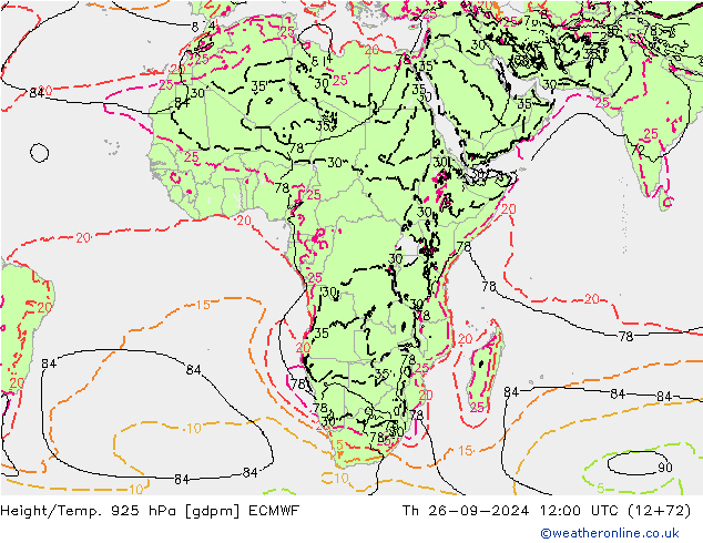 Yükseklik/Sıc. 925 hPa ECMWF Per 26.09.2024 12 UTC