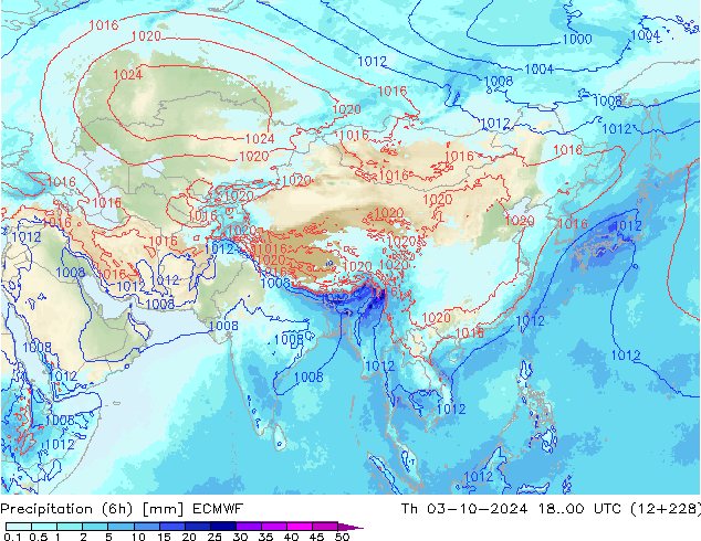 осадки (6h) ECMWF чт 03.10.2024 00 UTC