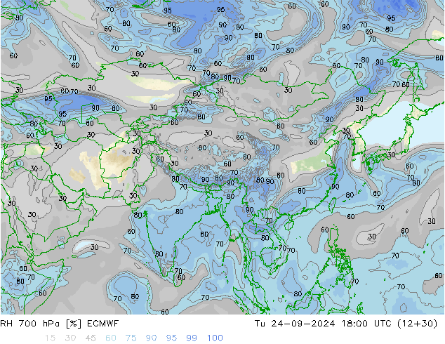 Humidité rel. 700 hPa ECMWF mar 24.09.2024 18 UTC