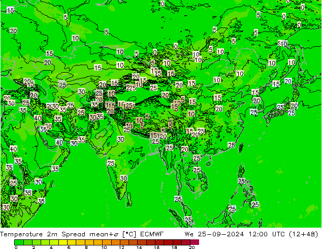 Sıcaklık Haritası 2m Spread ECMWF Çar 25.09.2024 12 UTC