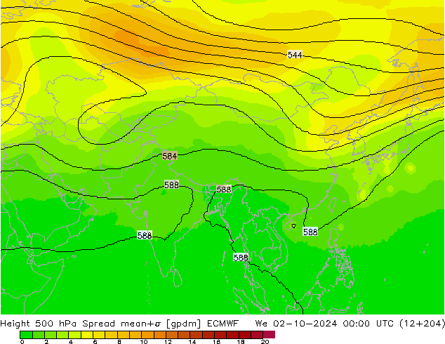 Height 500 hPa Spread ECMWF Mi 02.10.2024 00 UTC