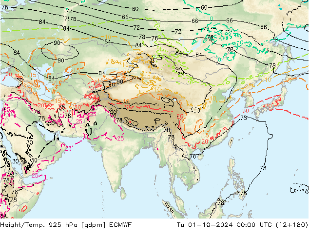 Height/Temp. 925 hPa ECMWF Ter 01.10.2024 00 UTC