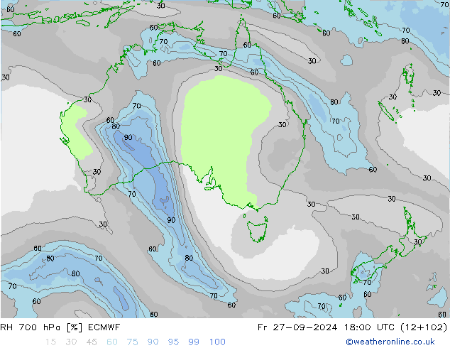 RH 700 hPa ECMWF  27.09.2024 18 UTC