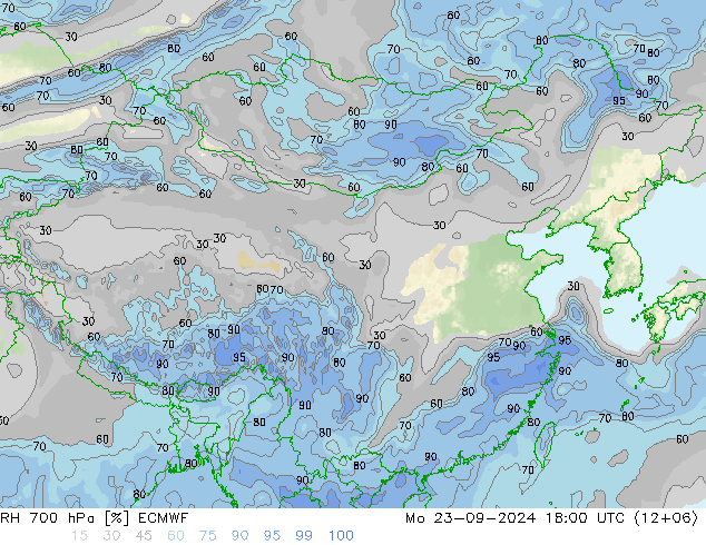 RH 700 hPa ECMWF Mo 23.09.2024 18 UTC