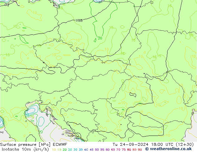 Isotachen (km/h) ECMWF di 24.09.2024 18 UTC