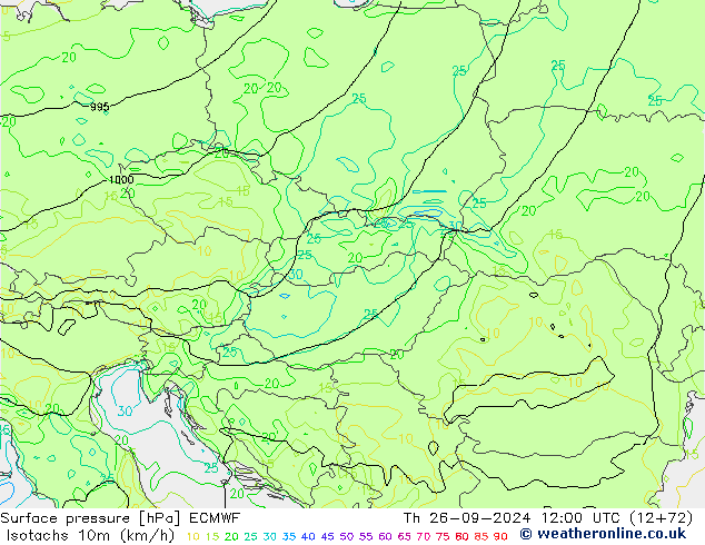 Izotacha (km/godz) ECMWF czw. 26.09.2024 12 UTC