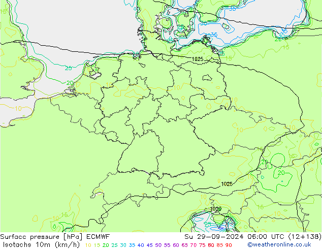 Isotachs (kph) ECMWF Su 29.09.2024 06 UTC