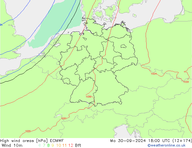 High wind areas ECMWF Mo 30.09.2024 18 UTC