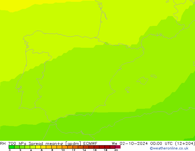 RH 700 hPa Spread ECMWF St 02.10.2024 00 UTC