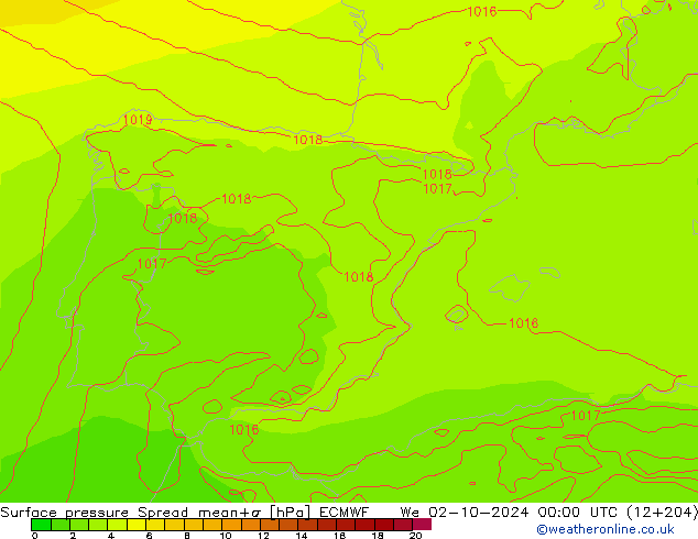 Surface pressure Spread ECMWF We 02.10.2024 00 UTC