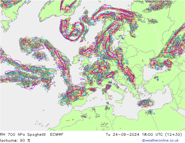 RH 700 hPa Spaghetti ECMWF  24.09.2024 18 UTC