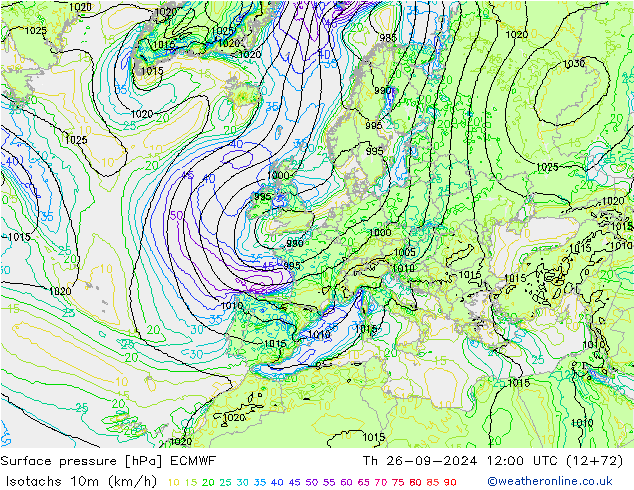 Isotachs (kph) ECMWF Čt 26.09.2024 12 UTC