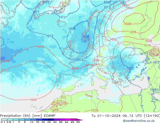 Nied. akkumuliert (6Std) ECMWF Di 01.10.2024 12 UTC