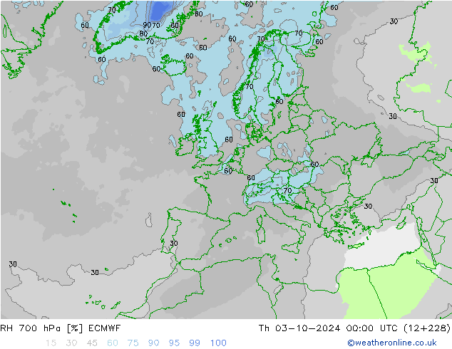 Humedad rel. 700hPa ECMWF jue 03.10.2024 00 UTC