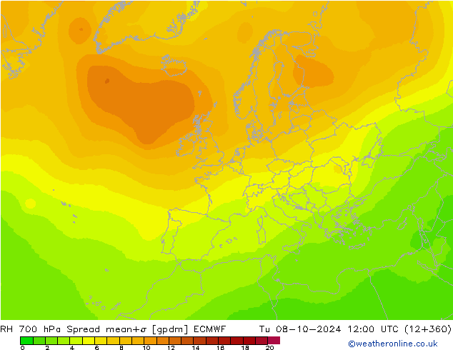 RH 700 hPa Spread ECMWF Di 08.10.2024 12 UTC