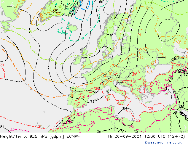 Height/Temp. 925 hPa ECMWF Th 26.09.2024 12 UTC