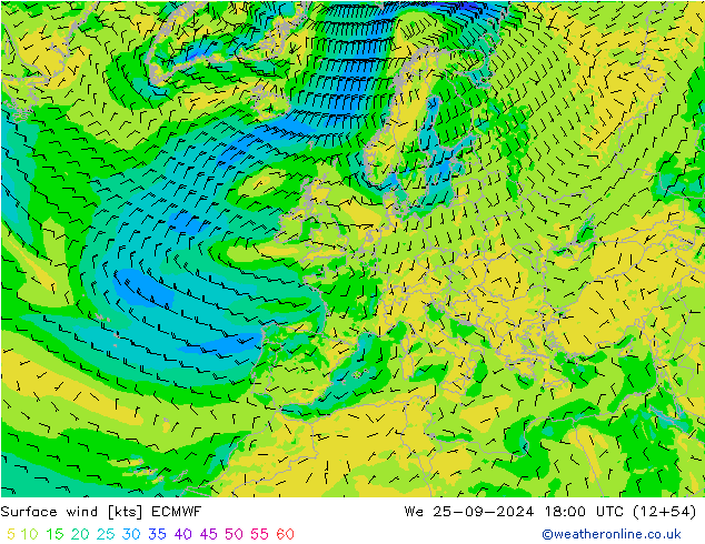 Viento 10 m ECMWF mié 25.09.2024 18 UTC