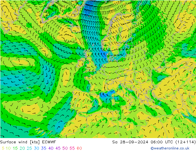 Surface wind ECMWF Sa 28.09.2024 06 UTC