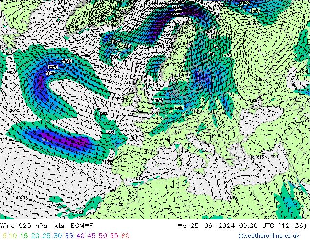 Vento 925 hPa ECMWF mer 25.09.2024 00 UTC