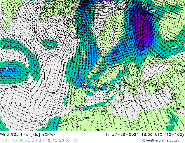 Rüzgar 925 hPa ECMWF Cu 27.09.2024 18 UTC