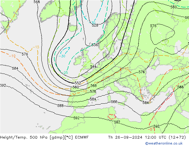 Hoogte/Temp. 500 hPa ECMWF do 26.09.2024 12 UTC