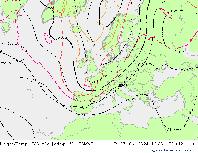 Géop./Temp. 700 hPa ECMWF ven 27.09.2024 12 UTC