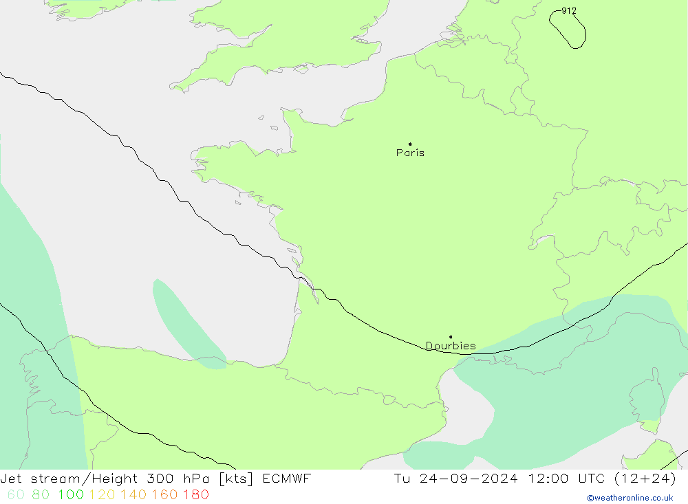 Jet stream/Height 300 hPa ECMWF Tu 24.09.2024 12 UTC