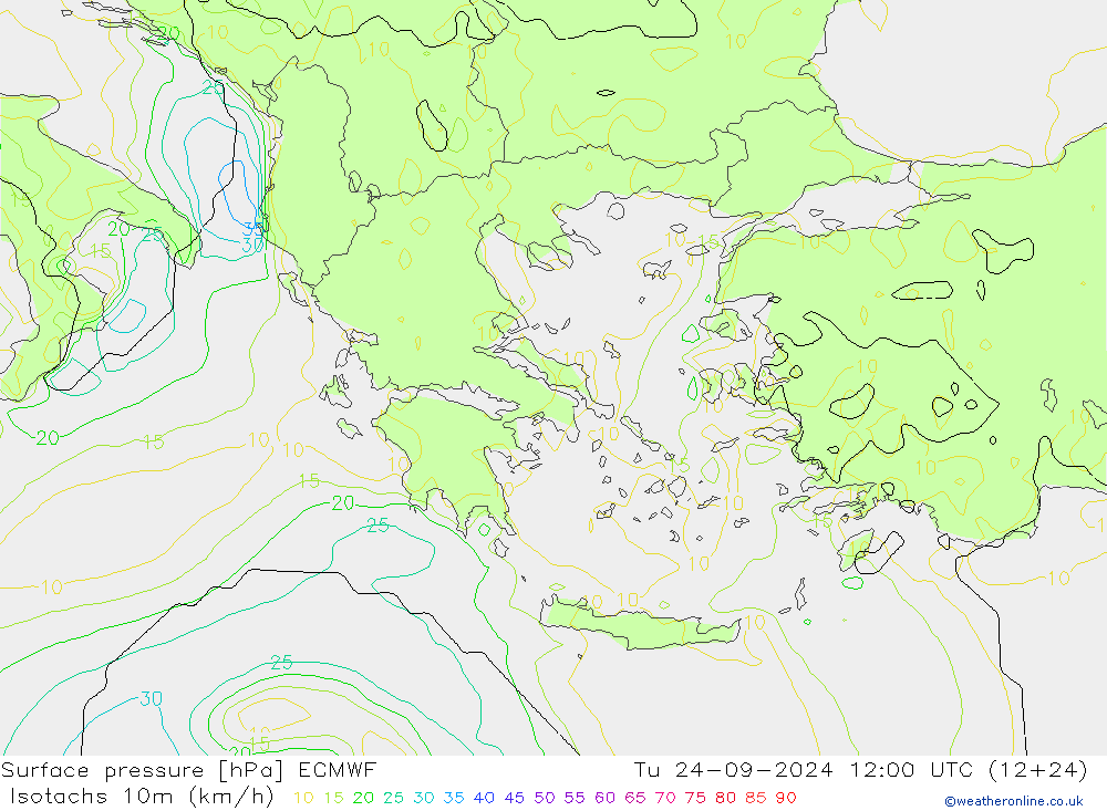 Isotachs (kph) ECMWF вт 24.09.2024 12 UTC