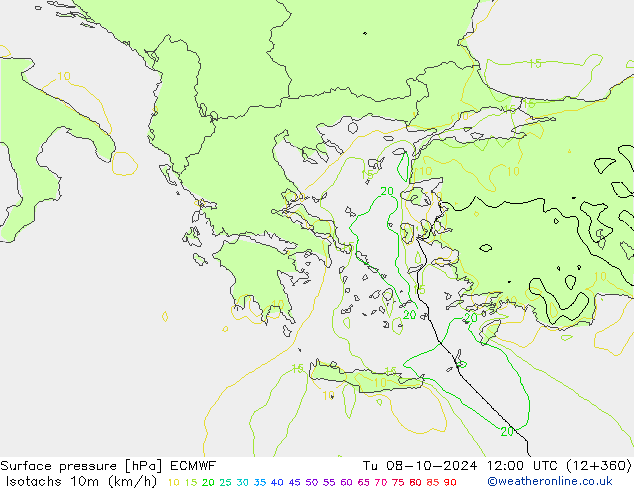 Isotachs (kph) ECMWF Ter 08.10.2024 12 UTC