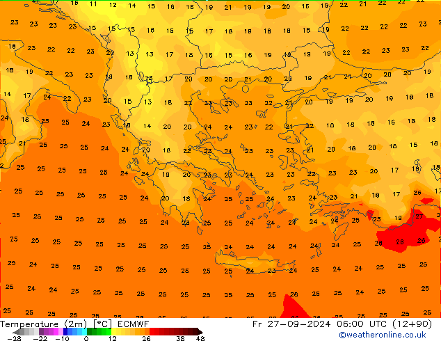 Temperatuurkaart (2m) ECMWF vr 27.09.2024 06 UTC