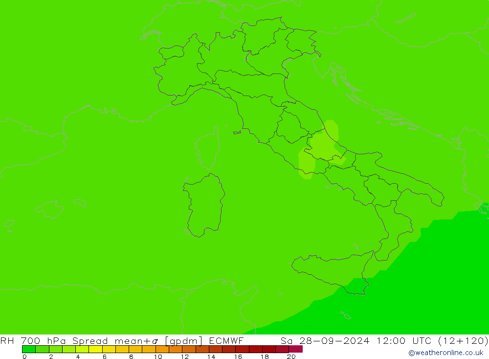 RH 700 hPa Spread ECMWF Sa 28.09.2024 12 UTC