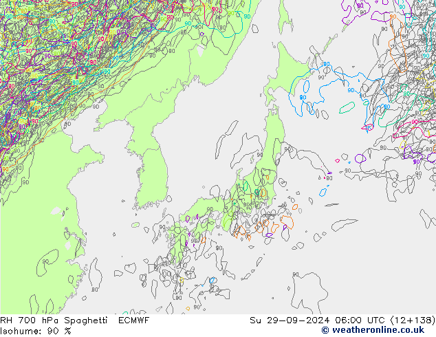 RH 700 hPa Spaghetti ECMWF  29.09.2024 06 UTC