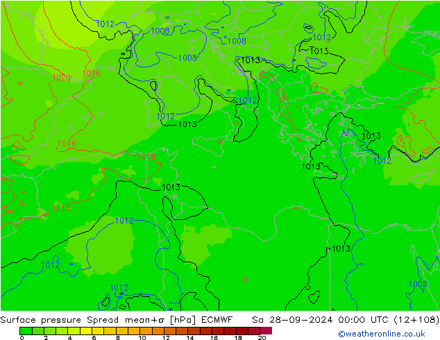 Pressione al suolo Spread ECMWF sab 28.09.2024 00 UTC