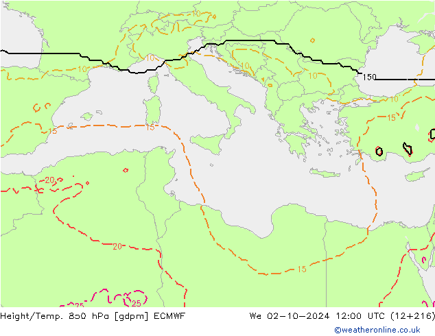 Geop./Temp. 850 hPa ECMWF mié 02.10.2024 12 UTC