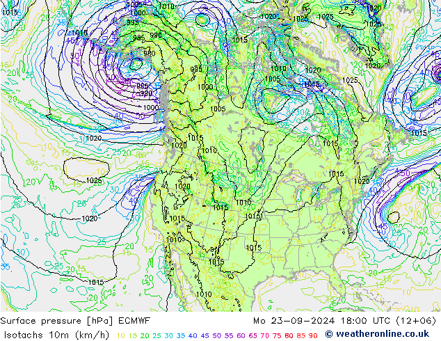 Isotachs (kph) ECMWF lun 23.09.2024 18 UTC