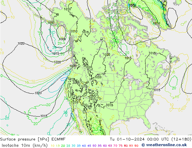 Isotachs (kph) ECMWF вт 01.10.2024 00 UTC