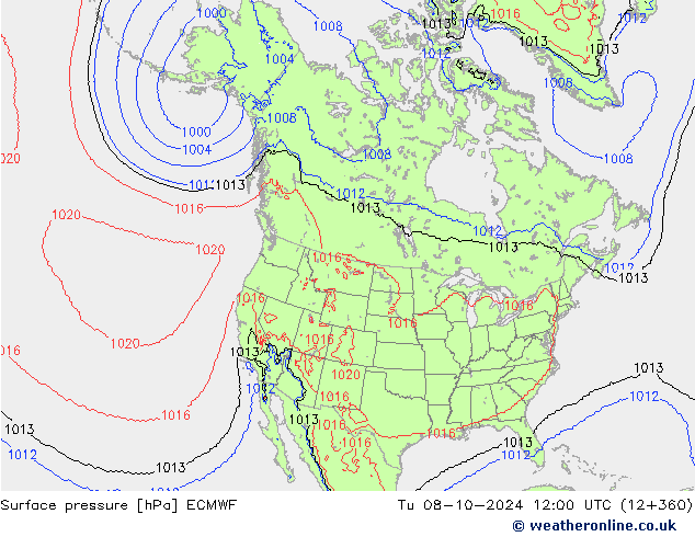 Surface pressure ECMWF Tu 08.10.2024 12 UTC