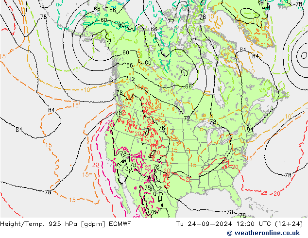 Height/Temp. 925 hPa ECMWF Tu 24.09.2024 12 UTC